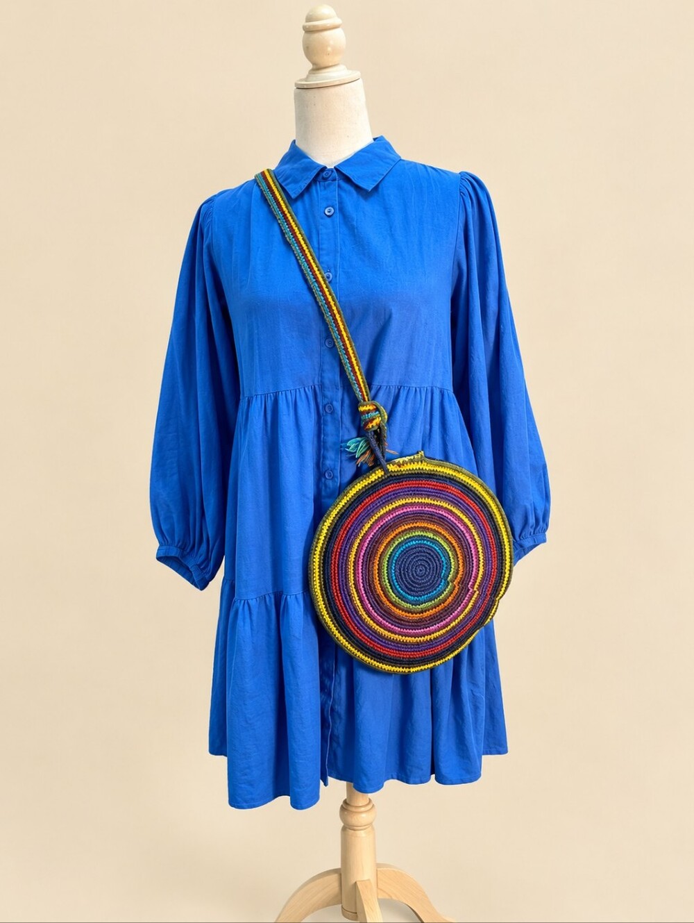 Round Crochet Crossbody Purse Rainbow Bag Fringe Zippered Boho Festival Artisan - Picture 7 of 8